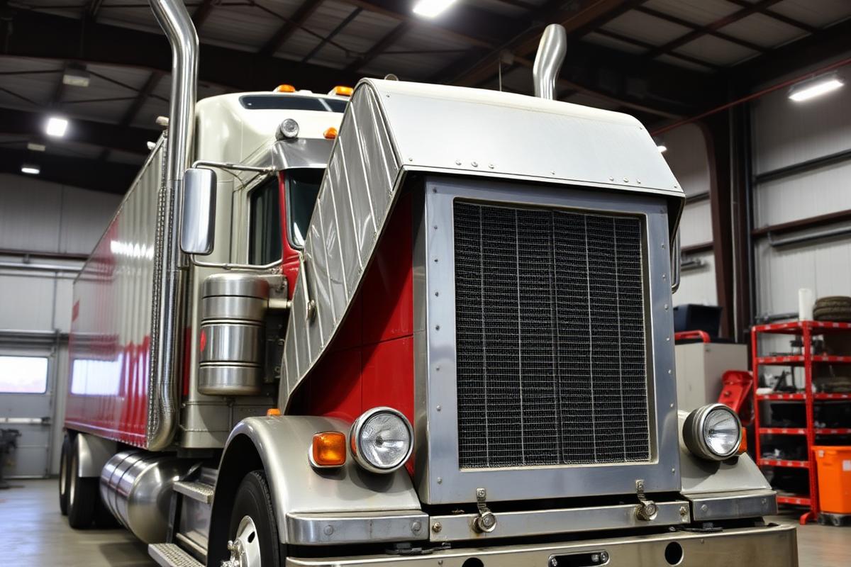 Semi truck with the hood open showing a large heavy-duty truck radiator