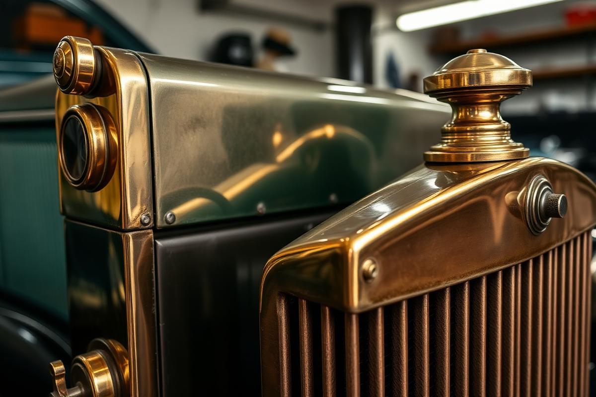 Polished brass radiator on a classic automobile