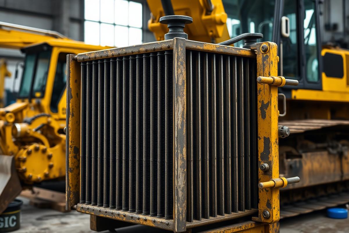Heavy construction equipment radiator core being serviced in the shop