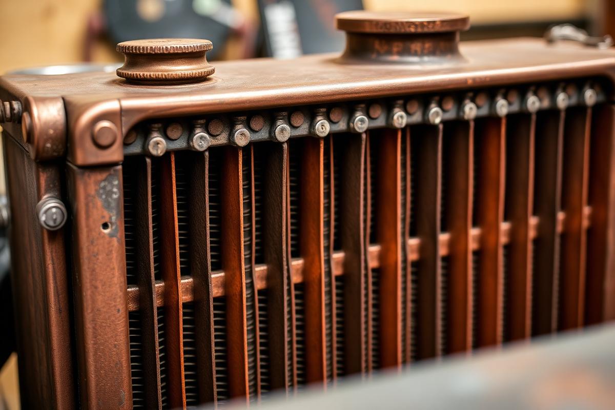 Close-up of a vintage copper automotive radiator core